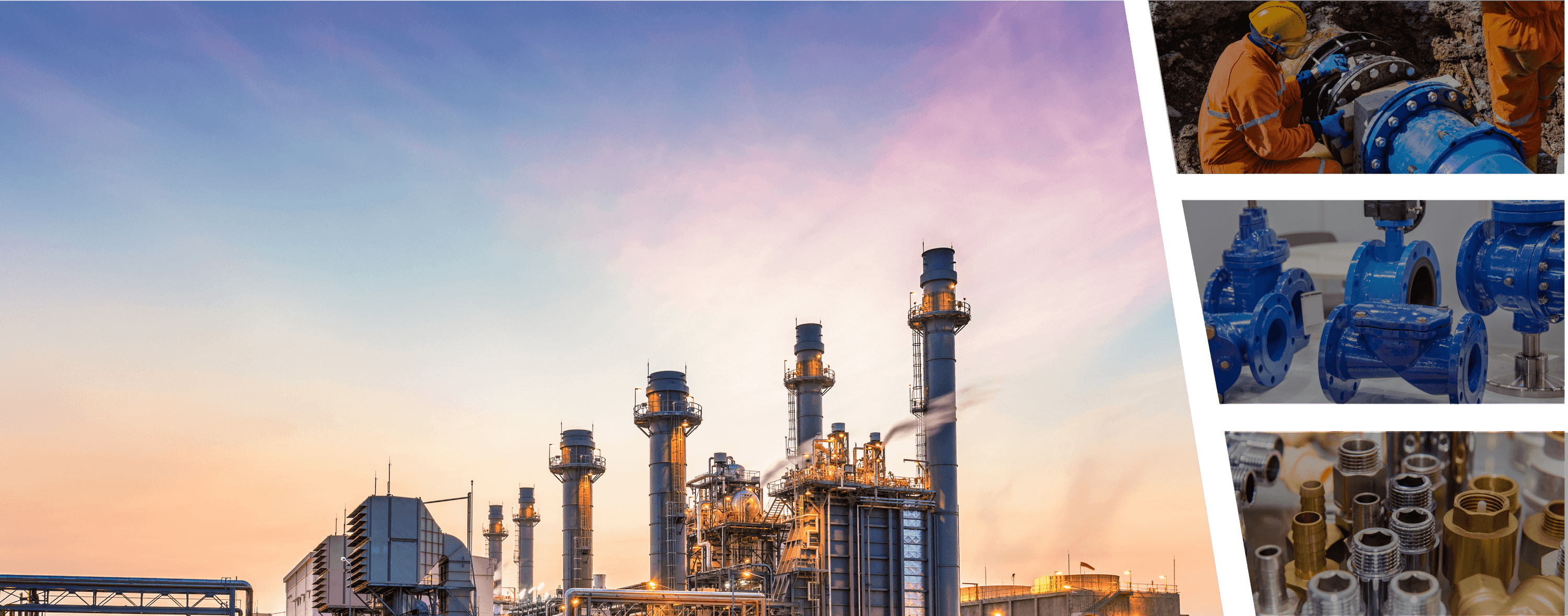 A picture of an industrial plant and on the right side of the picture is 3 pictures of industrial valves and fittings.
